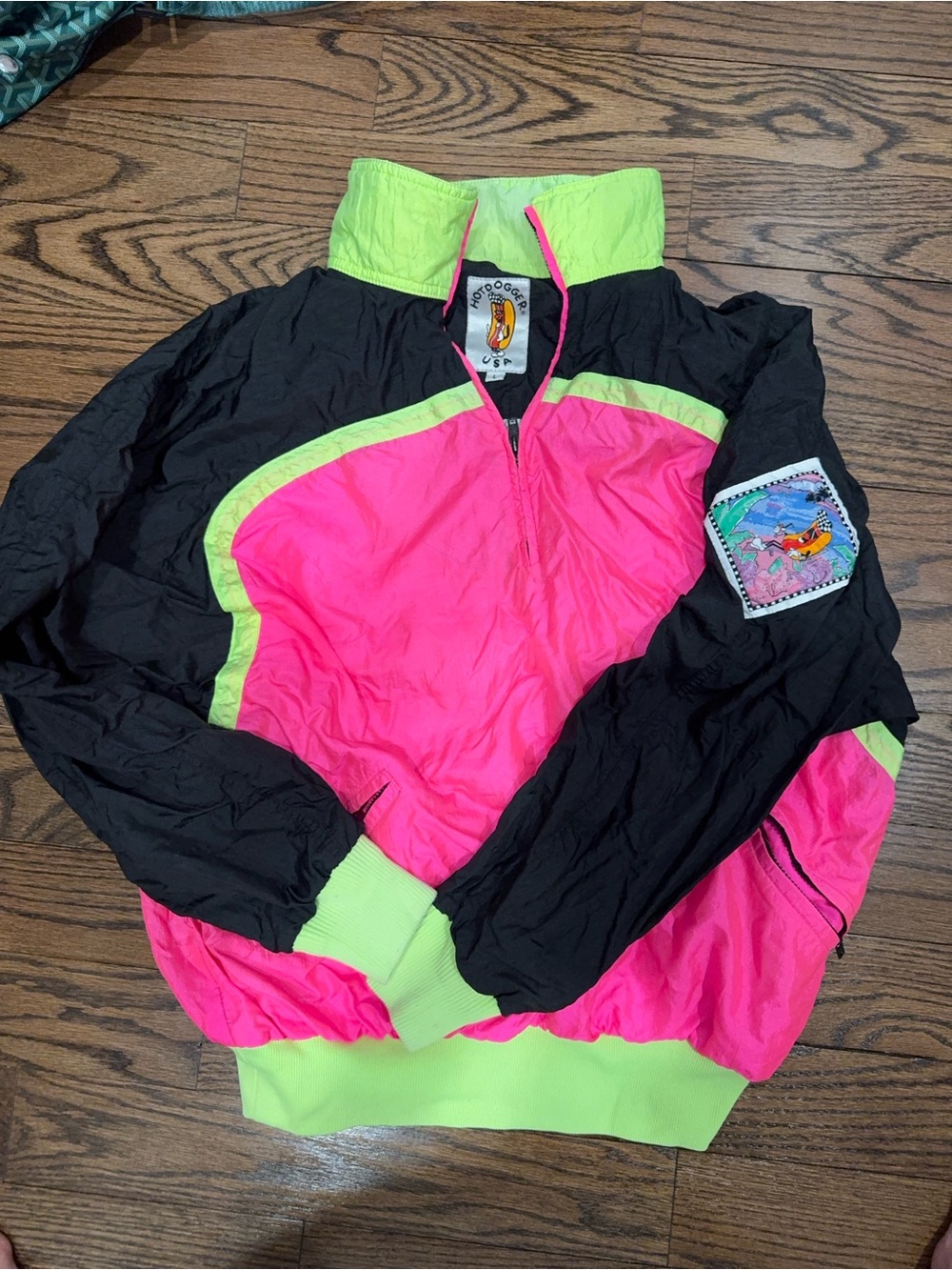 Hotdogger Retro Neon Windbreaker Jacket - Hot Pink & Neon Lime